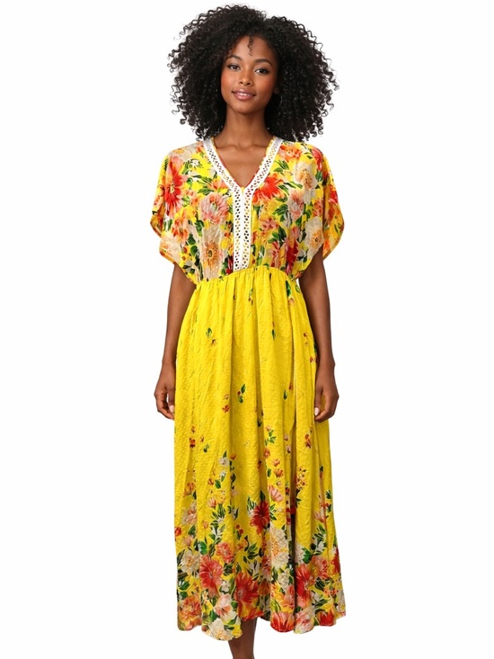 Farm Rio Anthropologie Floral Maxi Dress Yellow Boho Petite - Picture 2 of 8
